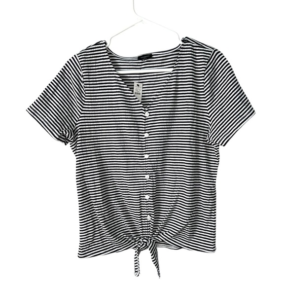 Talbots Textured Tie Front Short Sleeve Striped Shirt Size M - Picture 2 of 5
